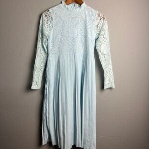 Peyton Bre Youth Lace Long Sleeve Pleated Midi Dress Mock Neck Blue Size 14‎